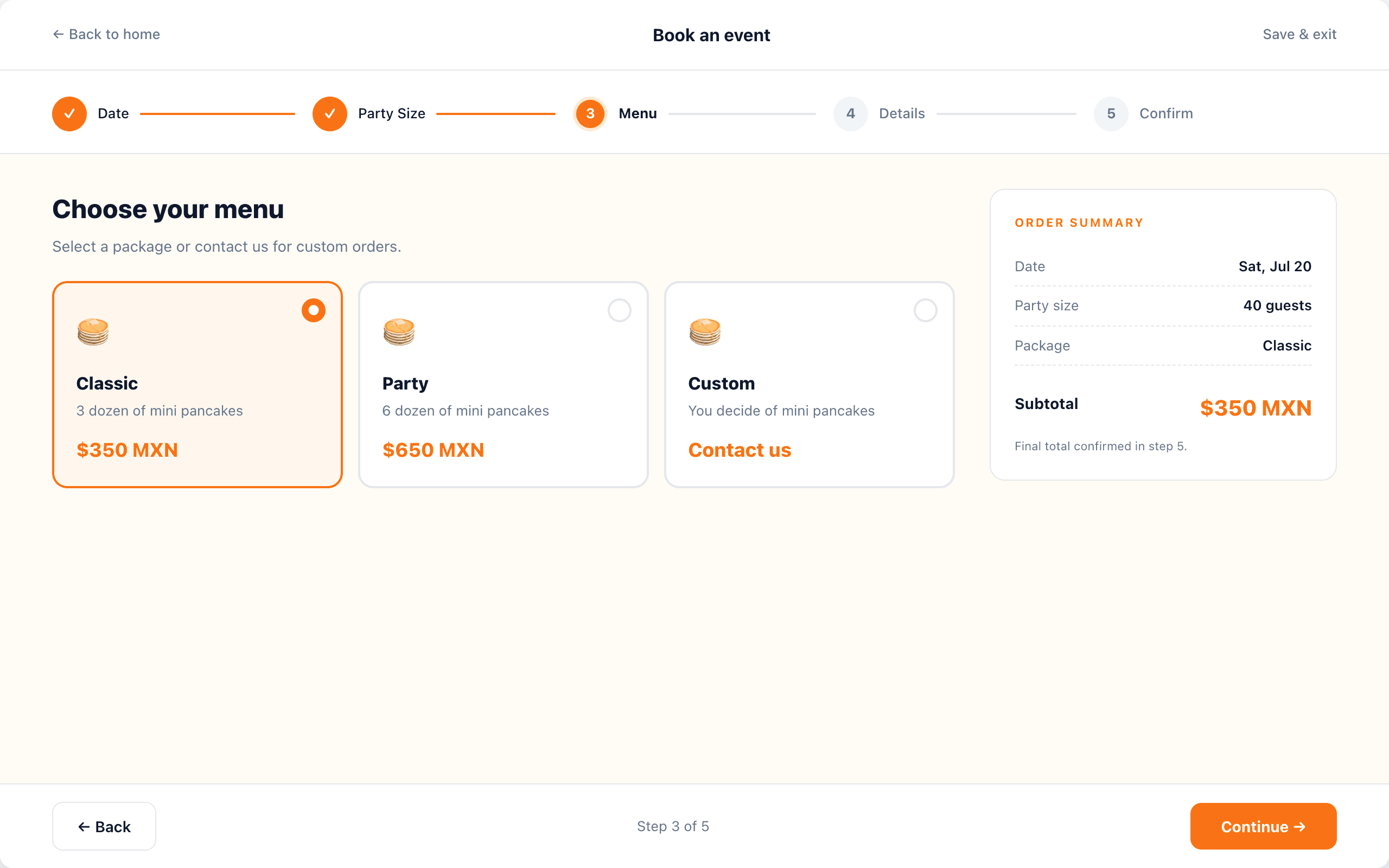 Booking wizard step 3, menu selection